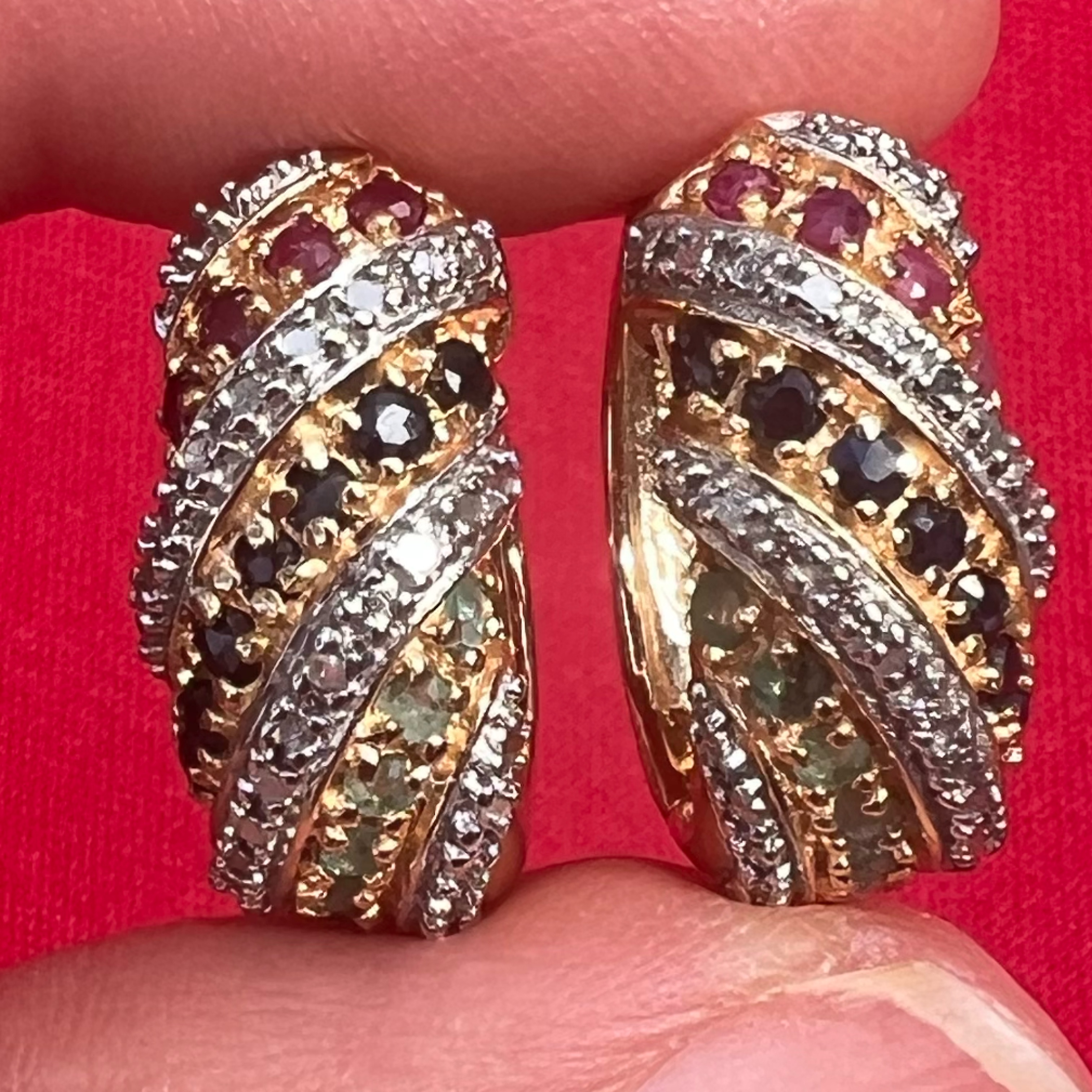 Vermeil Gold Emerald Ruby Sapphire Gemstone Sterling Silver Hoop Earrings 925